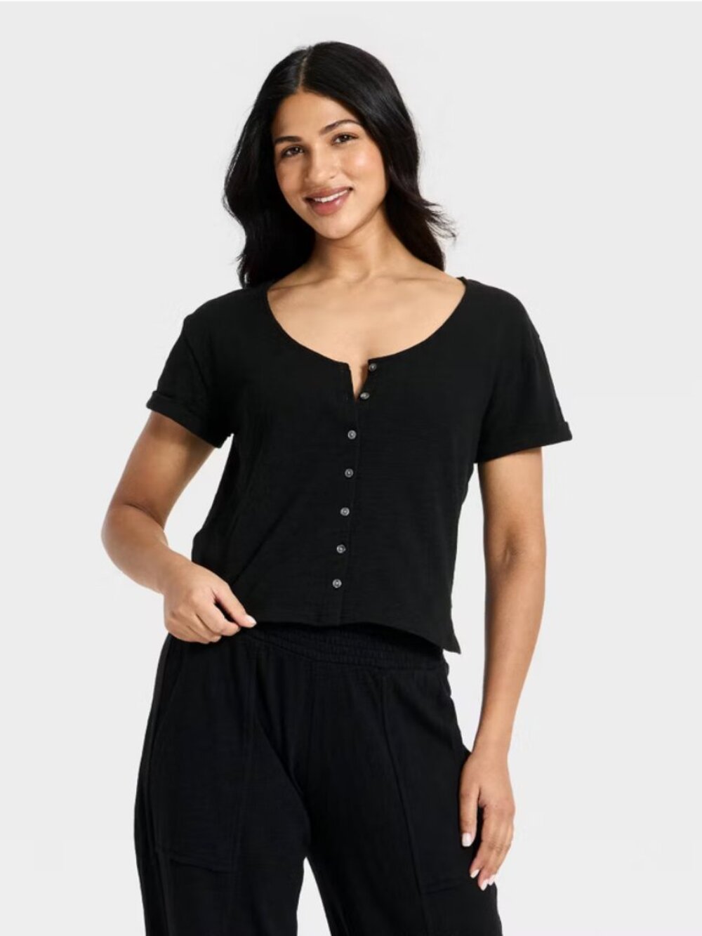 Women's Short Sleeve Button-Front Scoop Neck T-Shirt - Universal Thread Black S